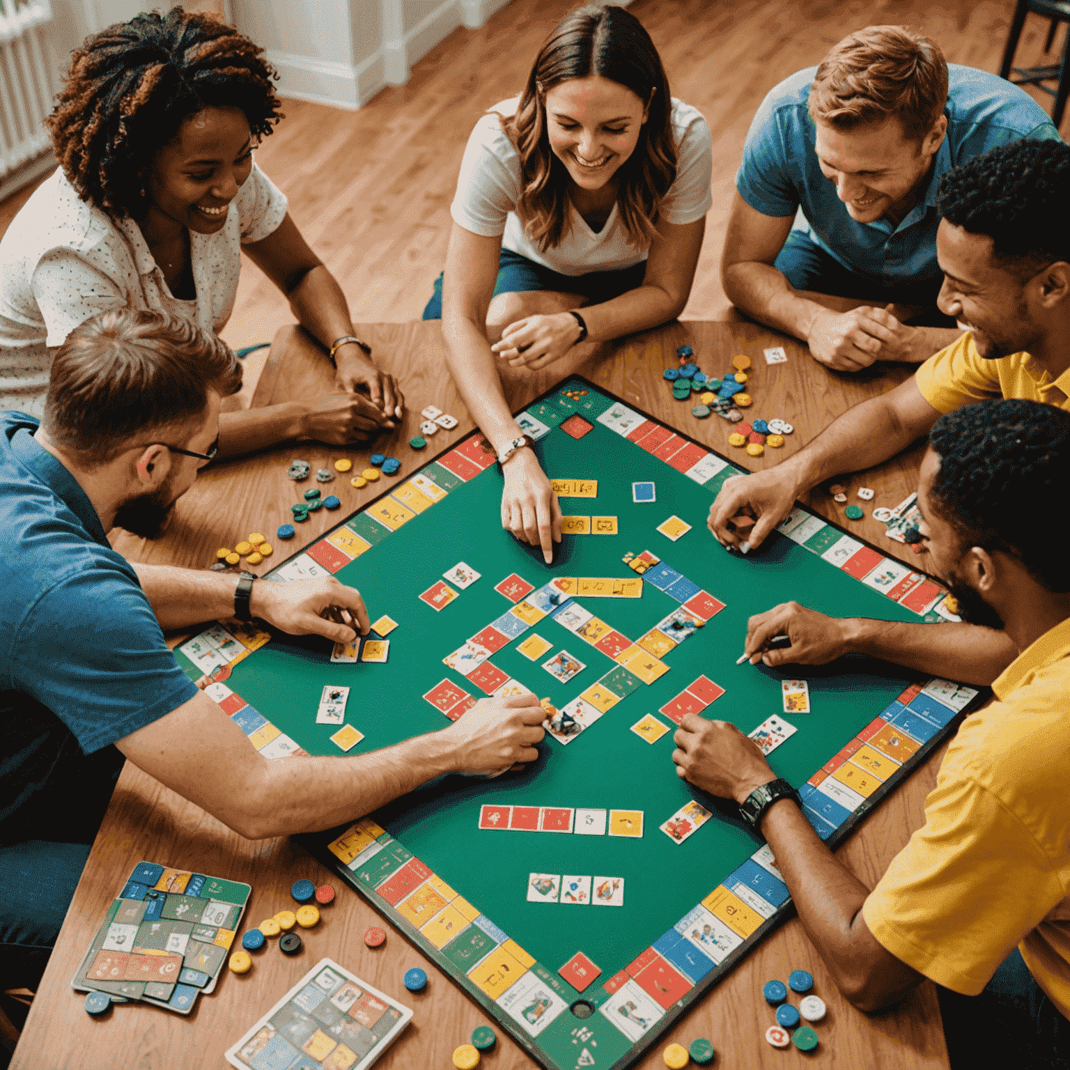 The Plinkogmes team gathered around a table, enthusiastically playing a board game. The image shows a diverse group of people, all smiling and engaged in the game. The table is covered with colorful game pieces, cards, and a game board.