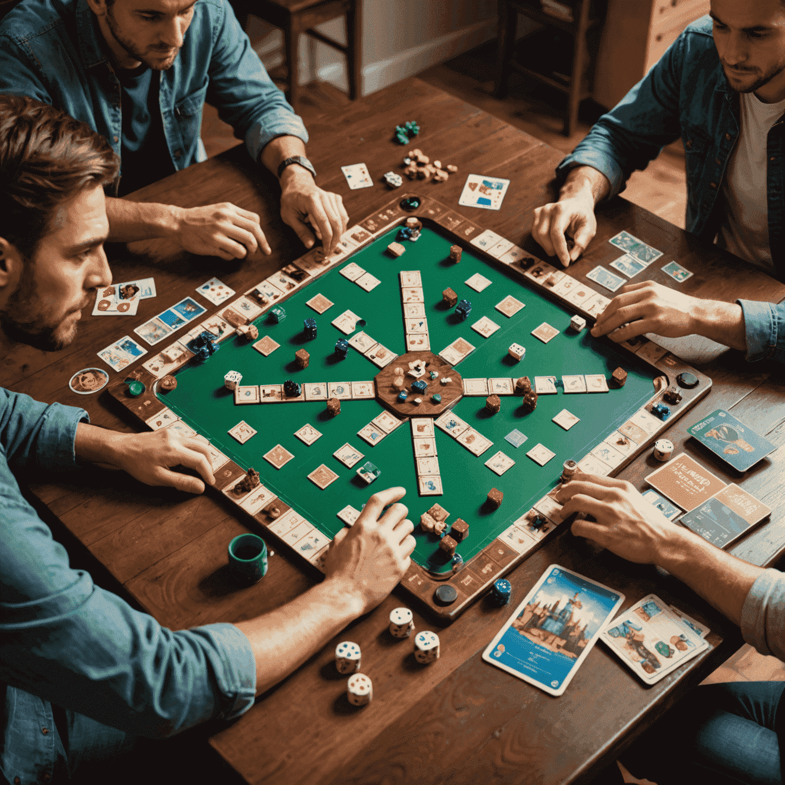 A group of friends playing strategy board games, with game pieces and cards spread across a wooden table. The image shows intense concentration and excitement on the players' faces.