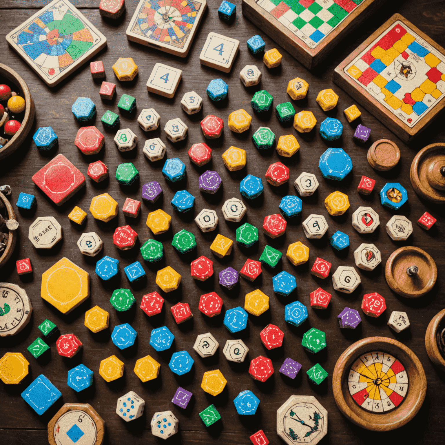 Various colorful board game pieces scattered across a wooden table, representing the diversity of games discussed in our blog