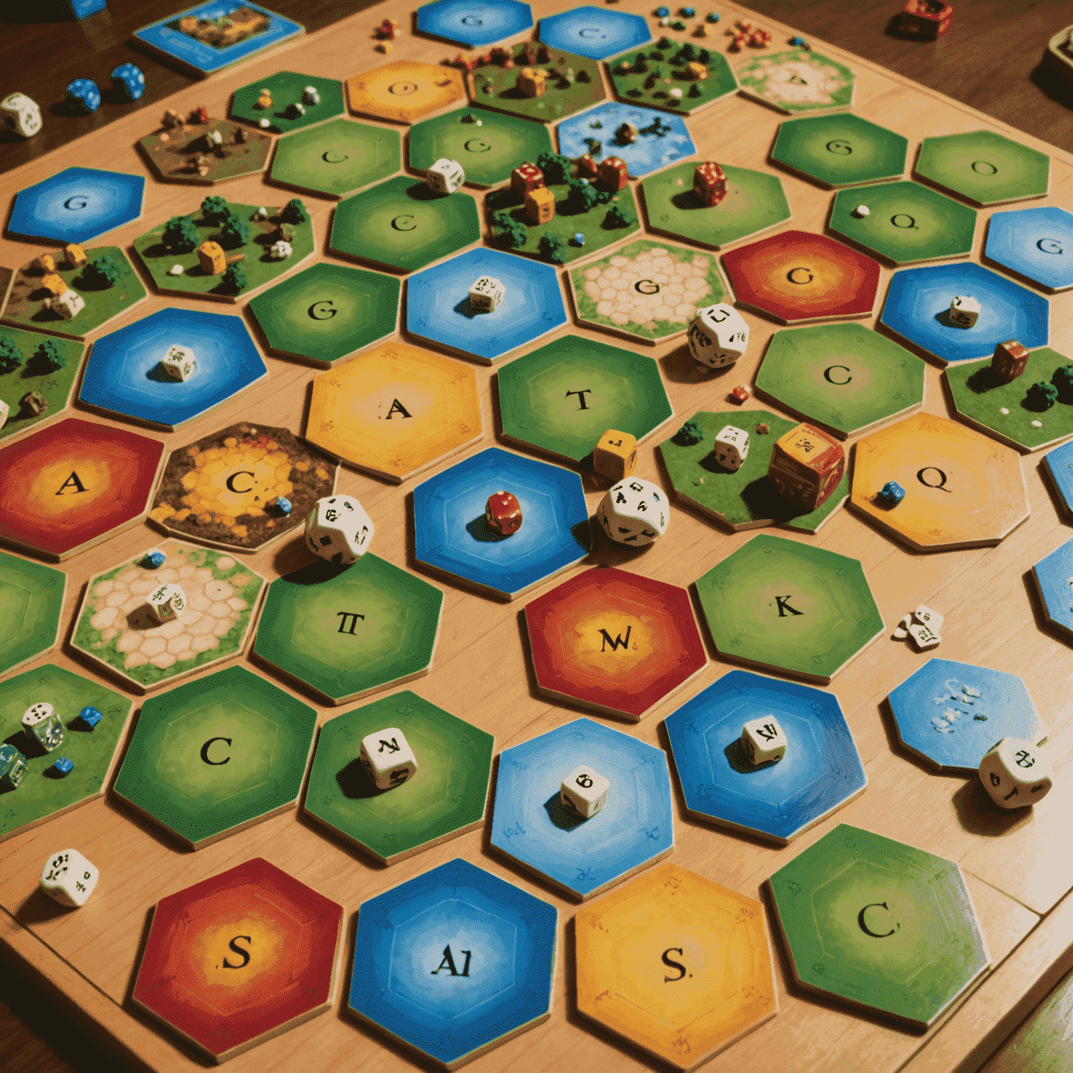 Catan board game setup with hexagonal tiles representing different resources, player pieces, and dice