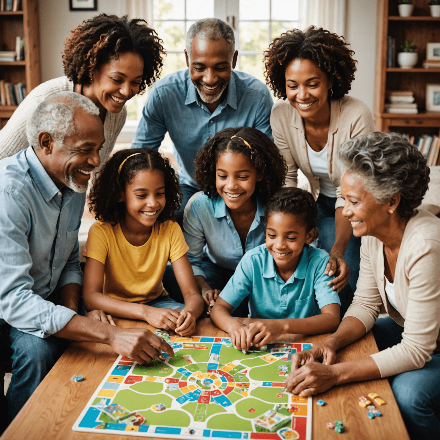 A diverse family gathered around a table, smiling and playing a colorful board game. The image showcases multiple generations, from grandparents to young children, all engaged in the game.