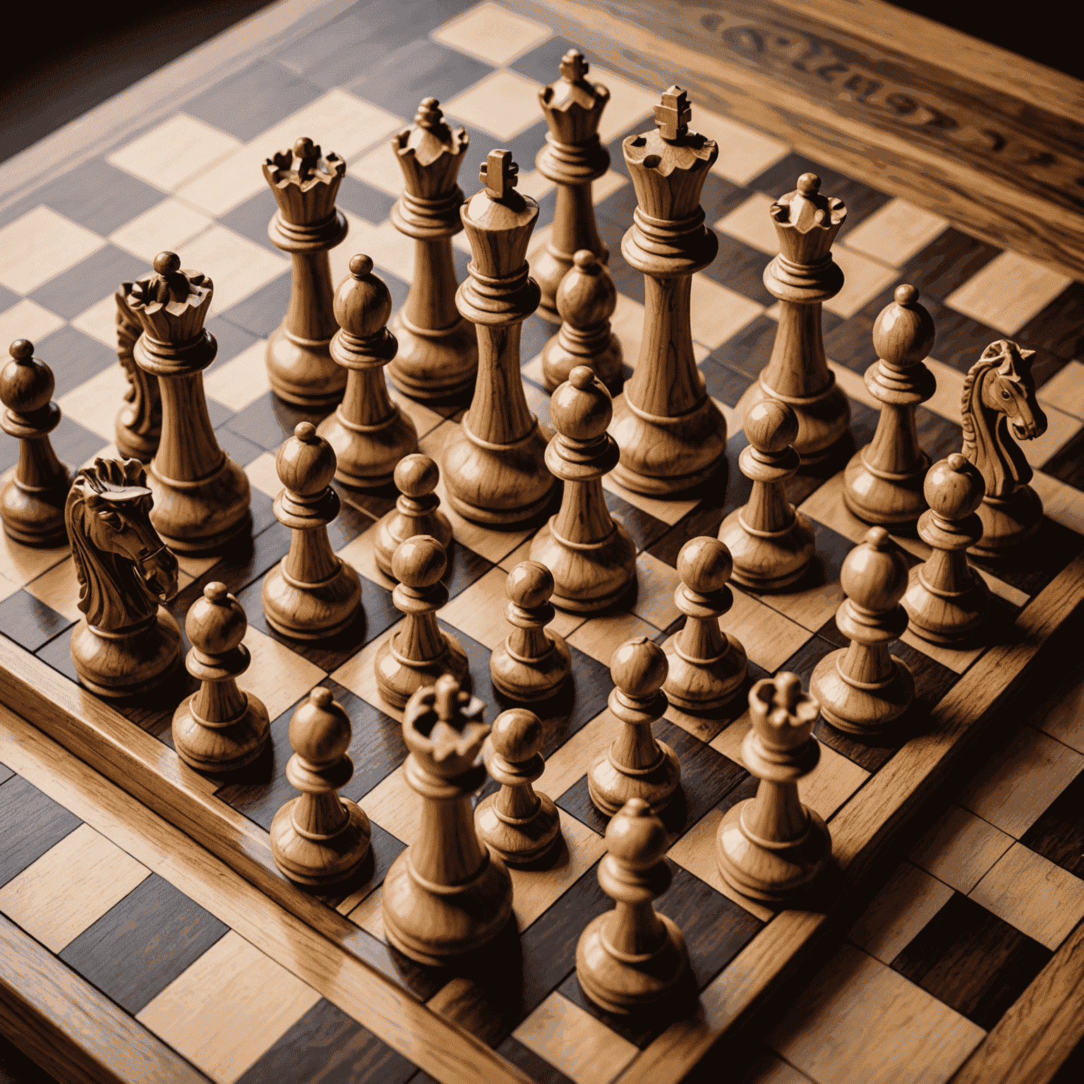 A classic wooden chess set with intricately carved pieces on a checkered board, symbolizing strategy and timeless gameplay