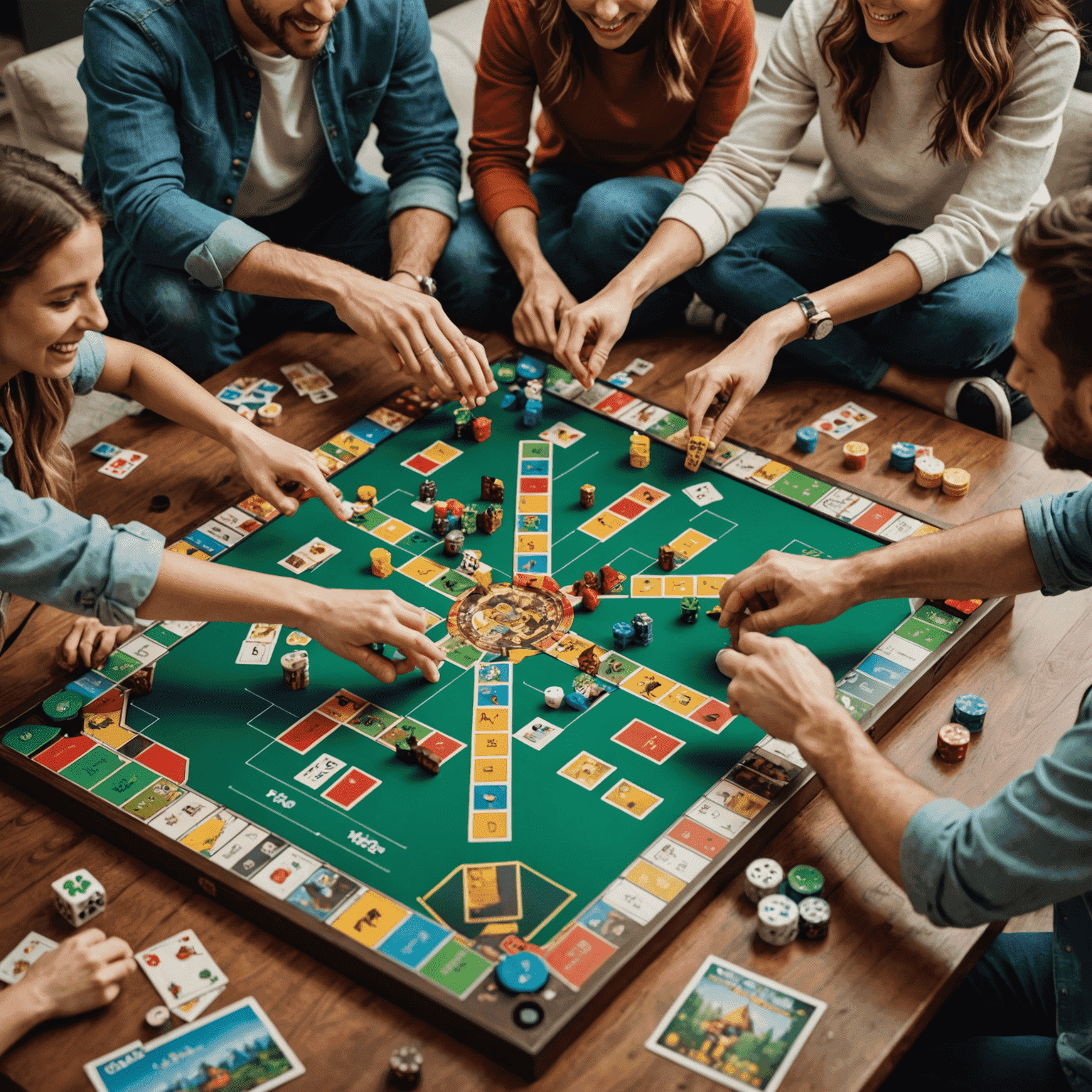 A group of friends gathered around a table, excitedly playing a cooperative board game. The image shows players discussing strategy, pointing at game pieces, and celebrating together.