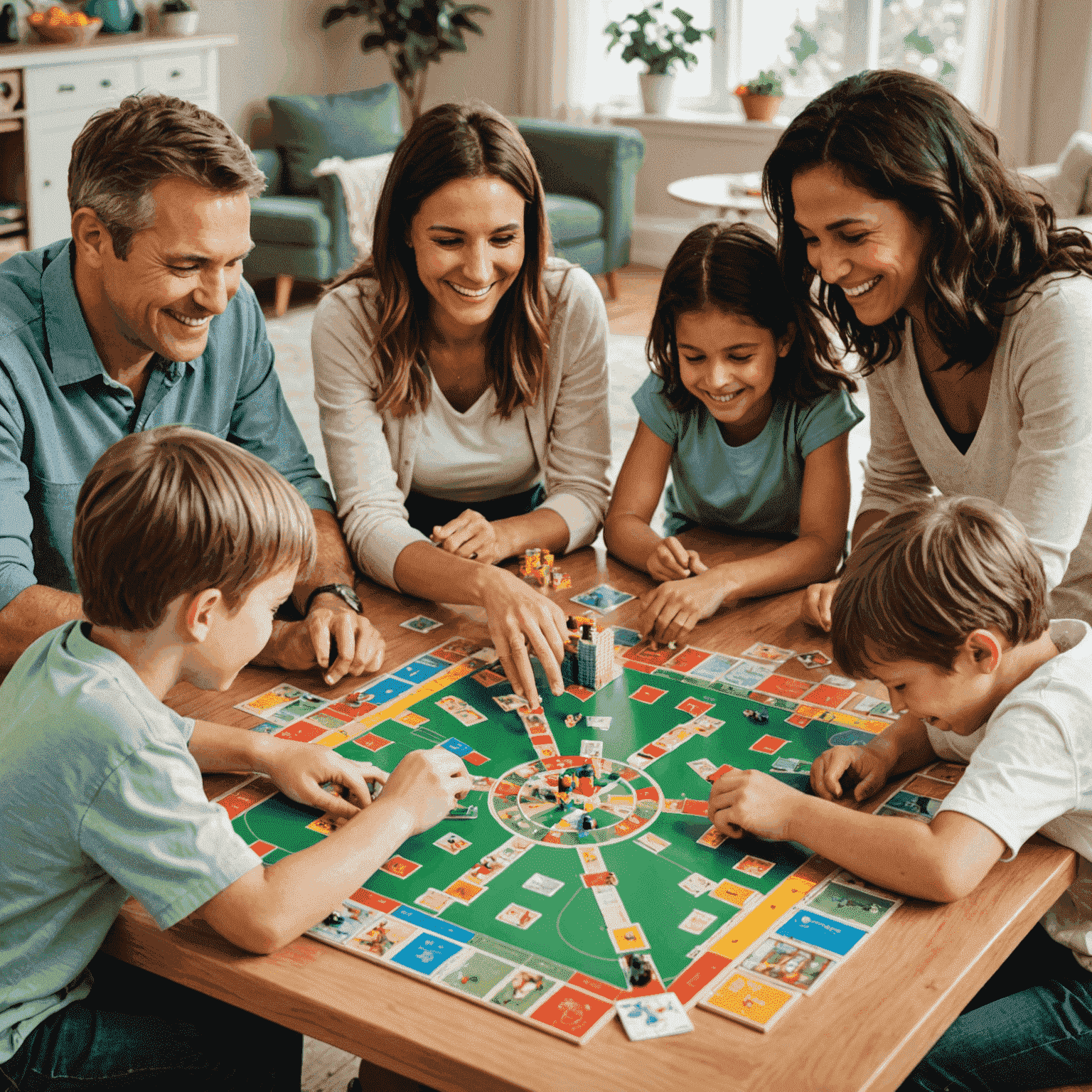 A family gathered around a table, playing a colorful board game. The image shows parents and children of various ages, all smiling and engaged in the game.