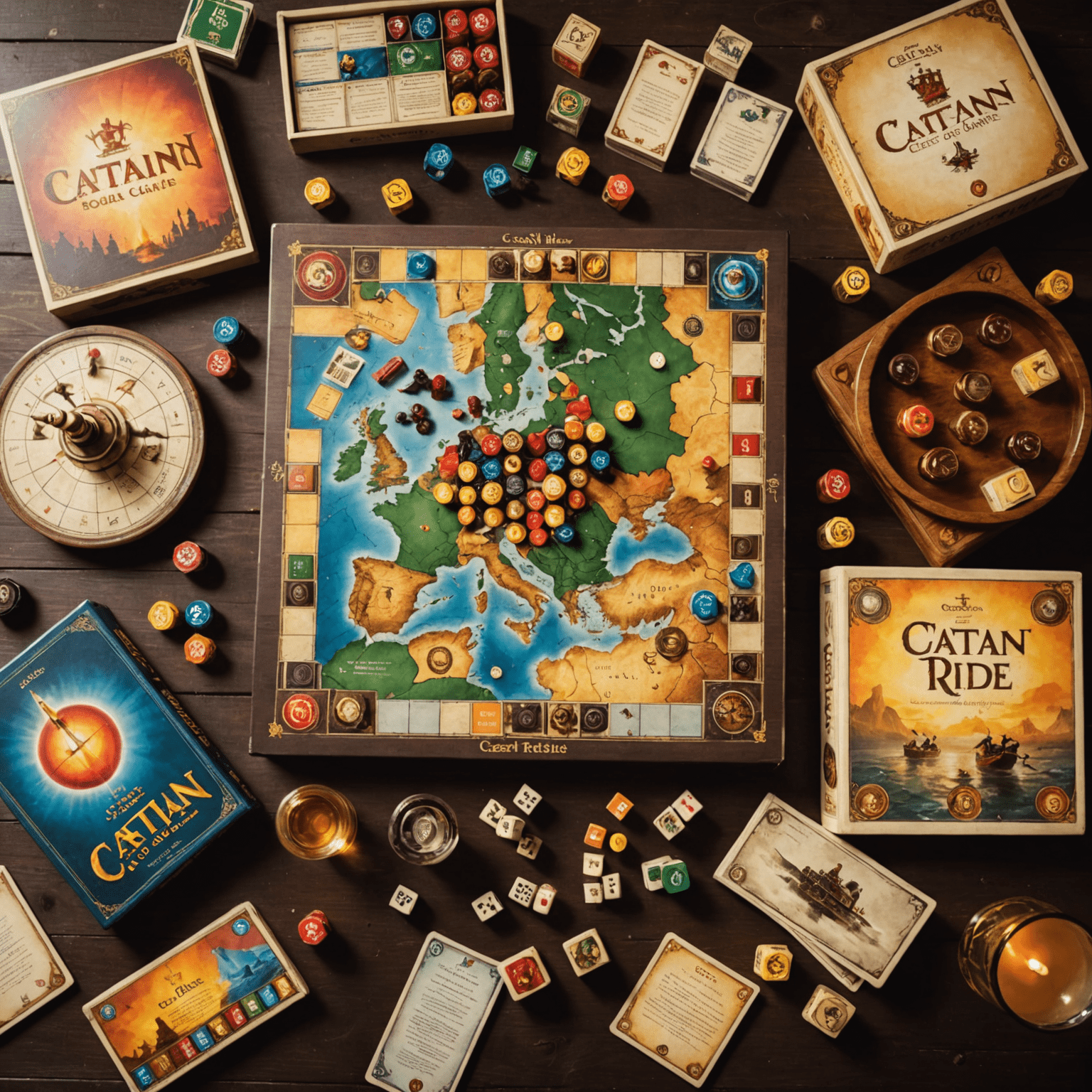 A collection of strategy board games laid out on a wooden table, including chess, Catan, and Ticket to Ride. The games are illuminated by warm, ambient lighting, creating an inviting atmosphere for a game night.