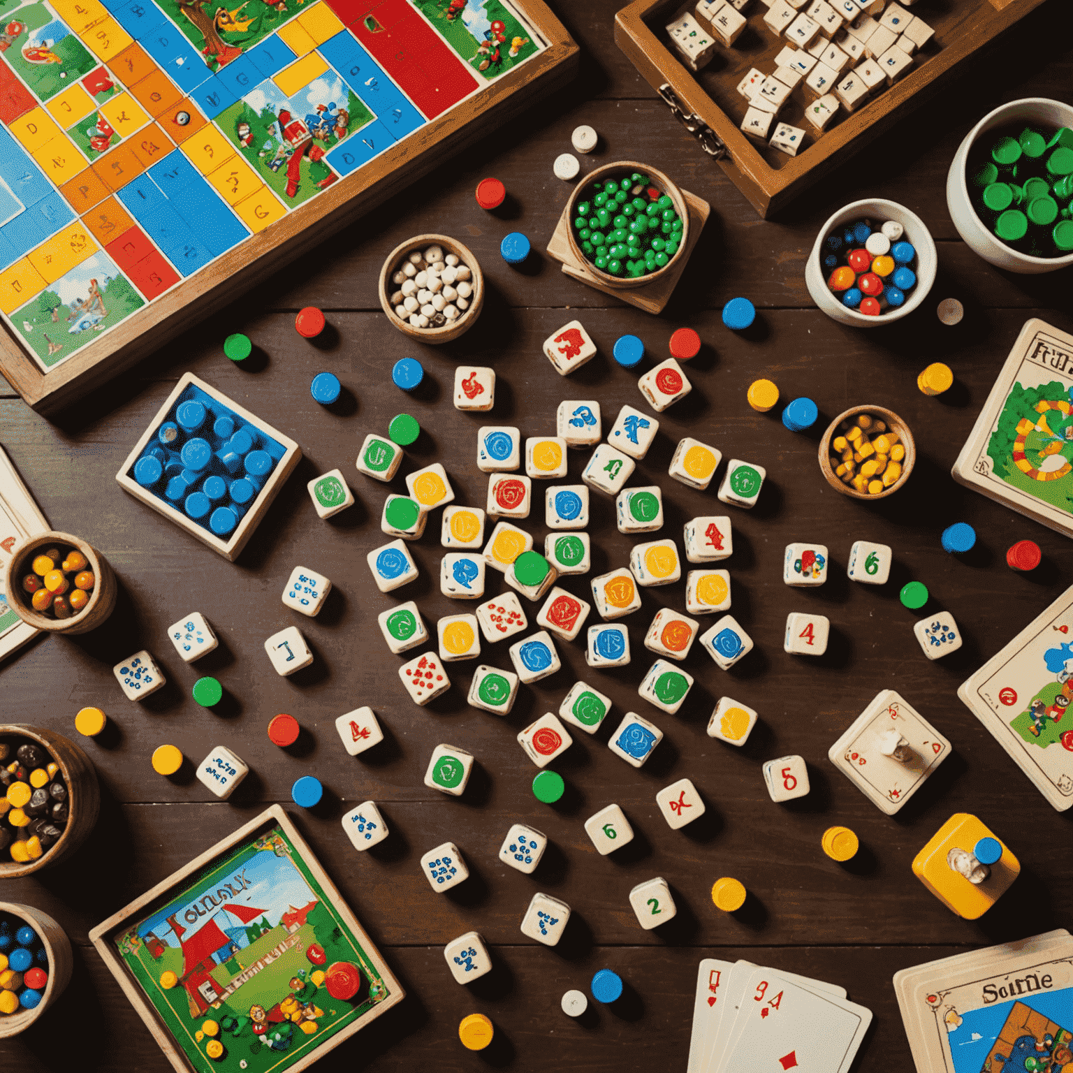 A collection of colorful, family-friendly board games arranged on a wooden table, with game pieces and dice scattered around, creating an inviting scene for family game night.