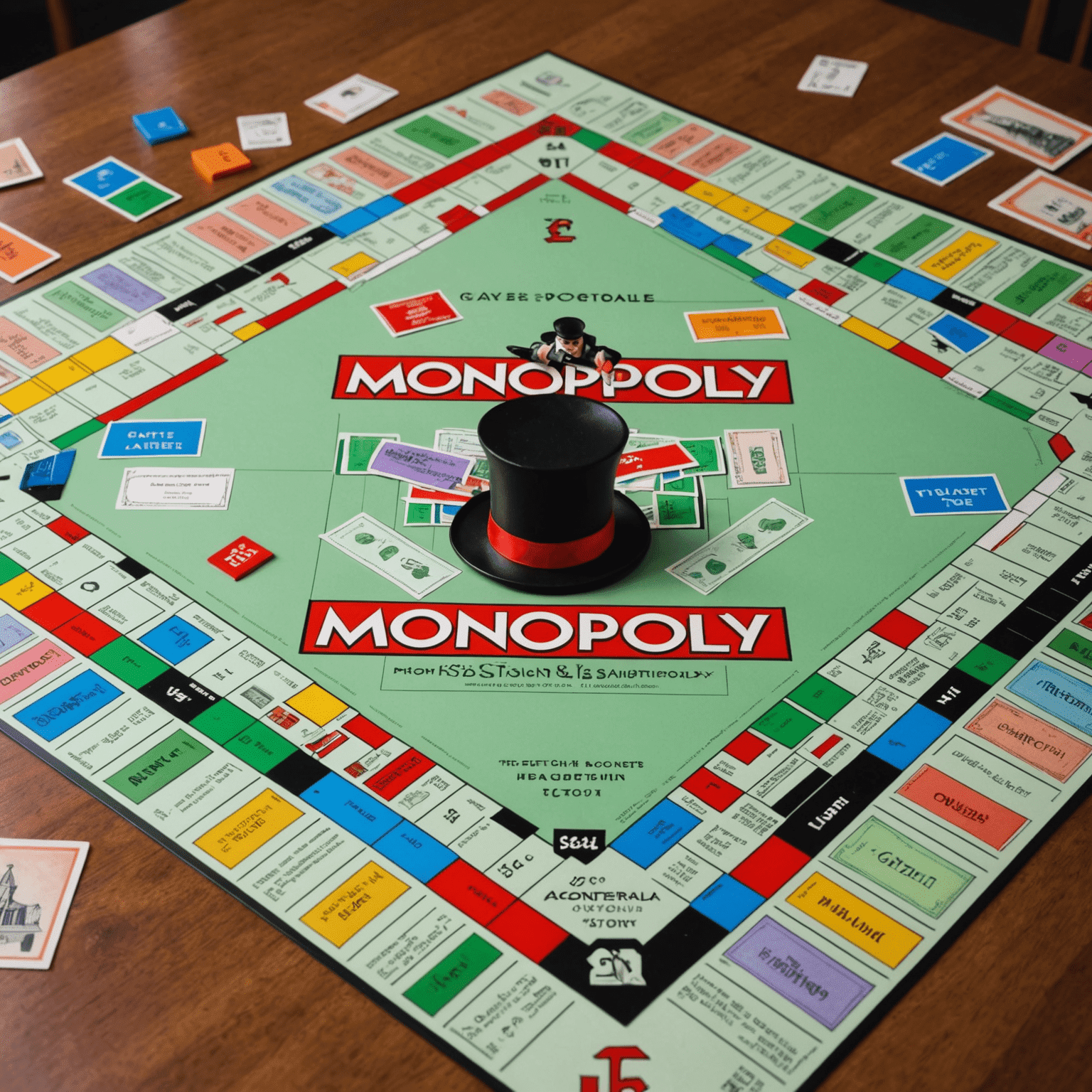 A Monopoly board with colorful property cards, houses, hotels, and iconic game pieces like the top hat and car