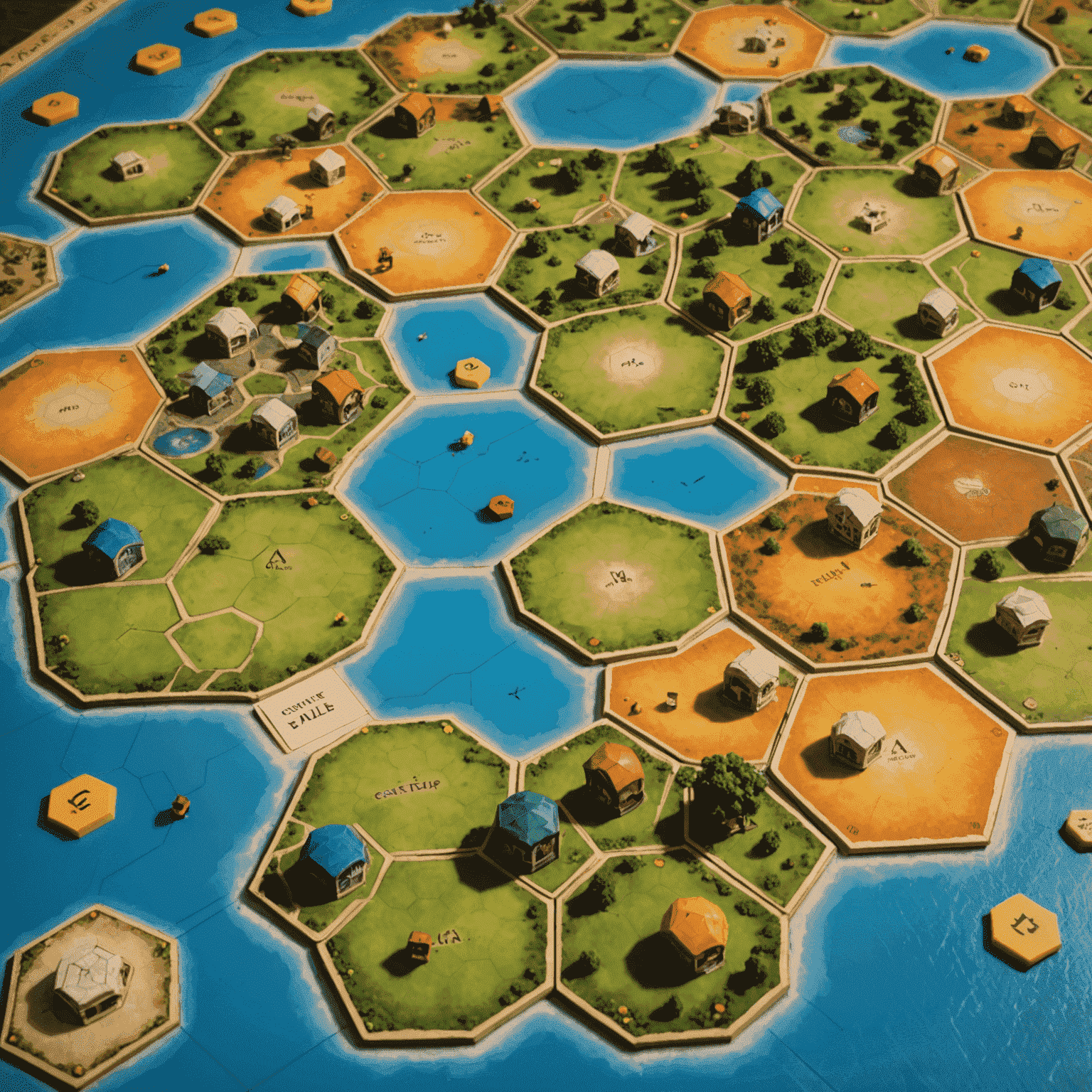 The game board of Catan showing hexagonal tiles representing different resources, with settlements and roads placed by players