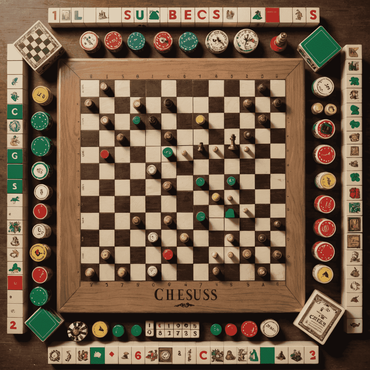 A collection of classic board games arranged artfully, including chess, Monopoly, Scrabble, and Clue. The image evokes a sense of nostalgia and timelessness.