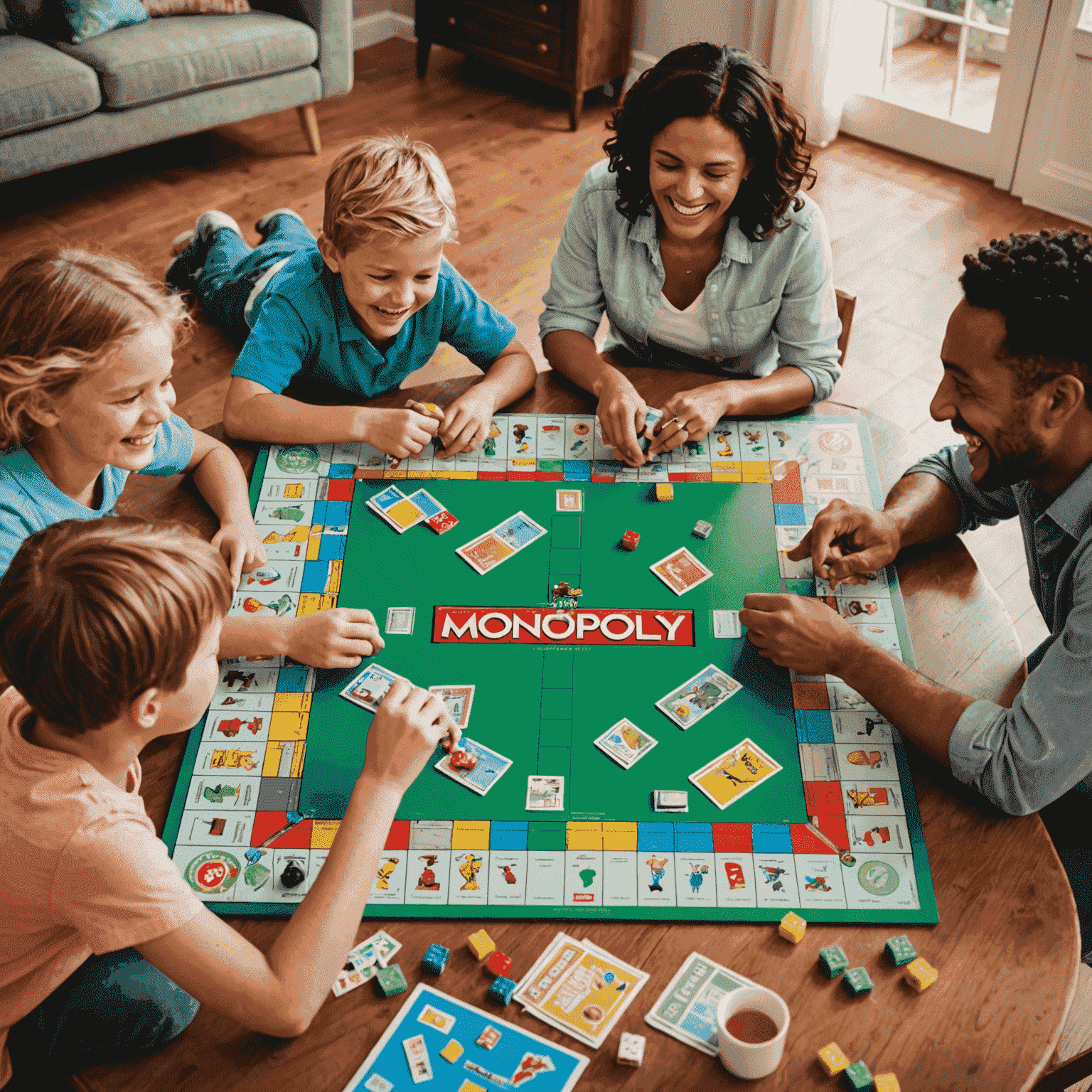 A happy family playing a colorful board game together. The image shows parents and children of various ages gathered around a table, laughing and enjoying a game of Monopoly Junior. Bright, cheerful game pieces are scattered across the board.