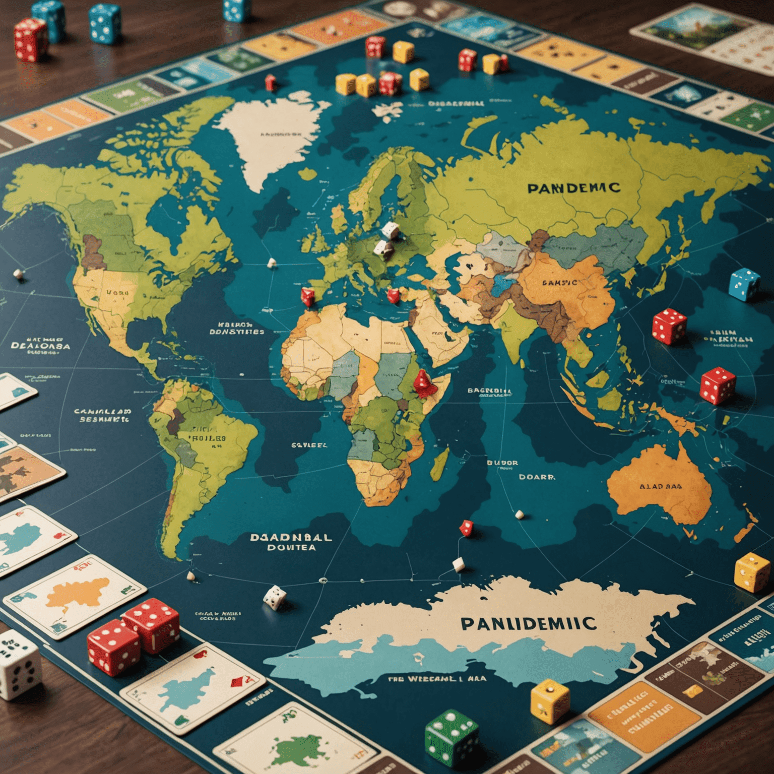 Pandemic game board showing a world map with disease cubes, player pawns, and cards