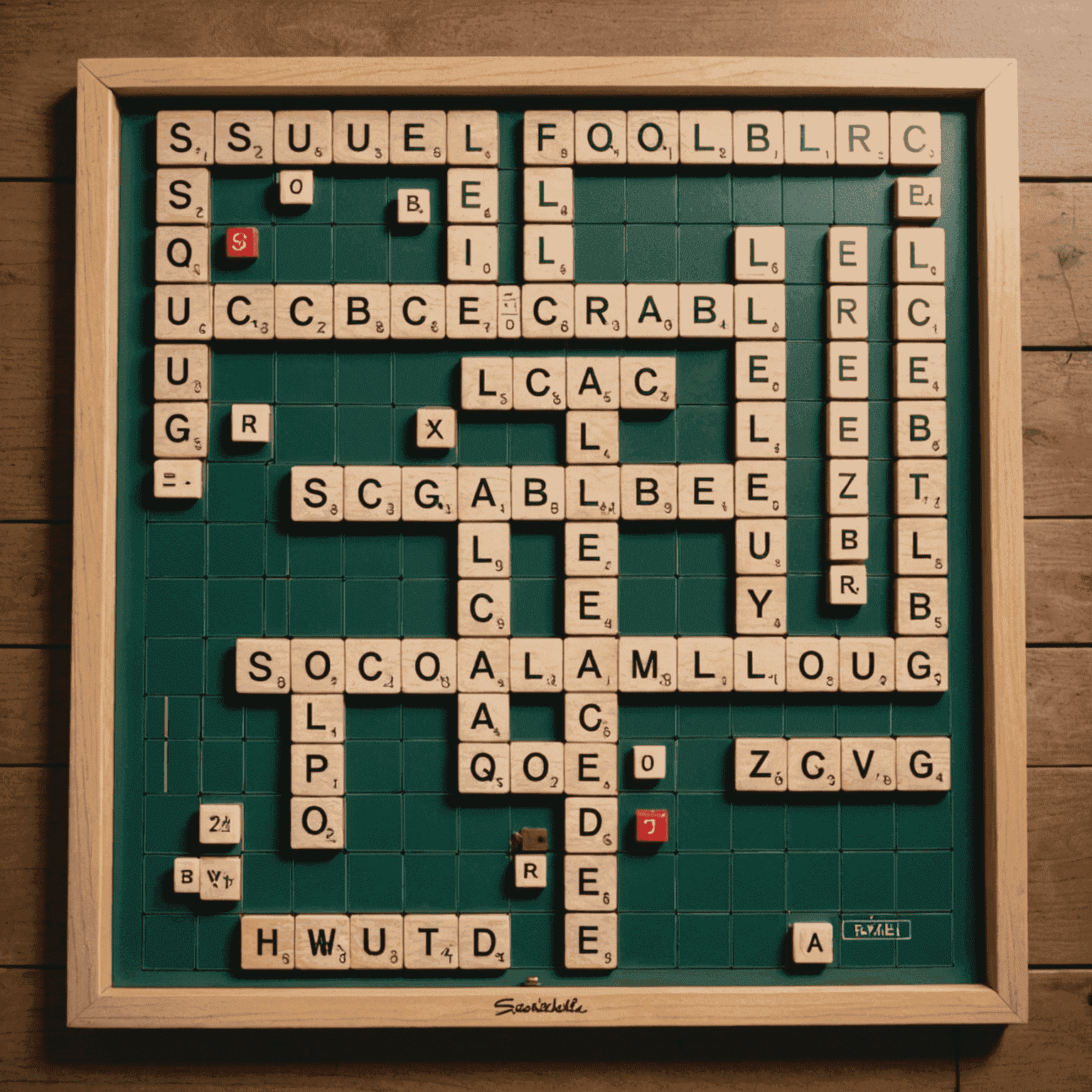 A Scrabble board mid-game with letter tiles forming words, surrounded by tile racks and a scoreboard