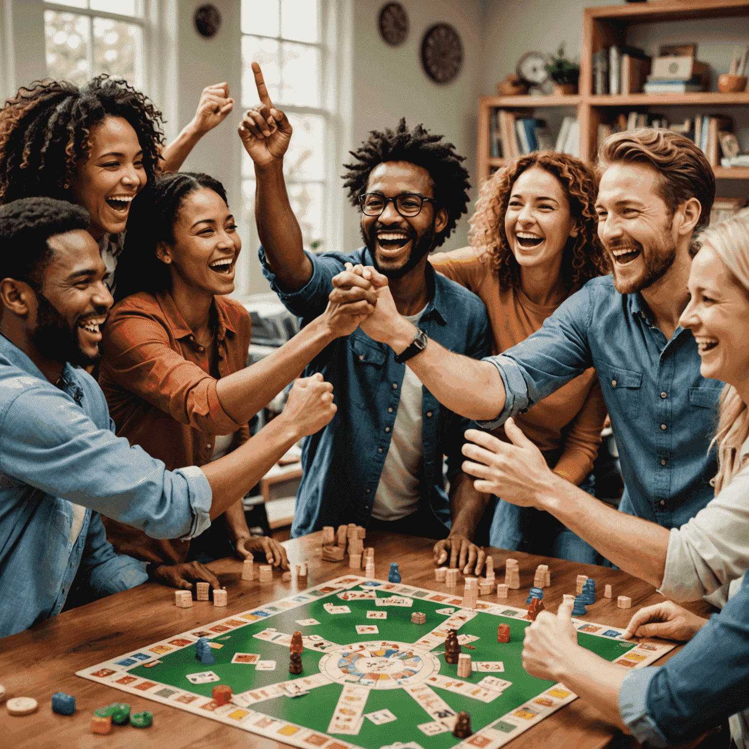 A diverse group of people cheering and high-fiving after successfully completing a cooperative board game. The image conveys joy, teamwork, and the satisfaction of shared victory.