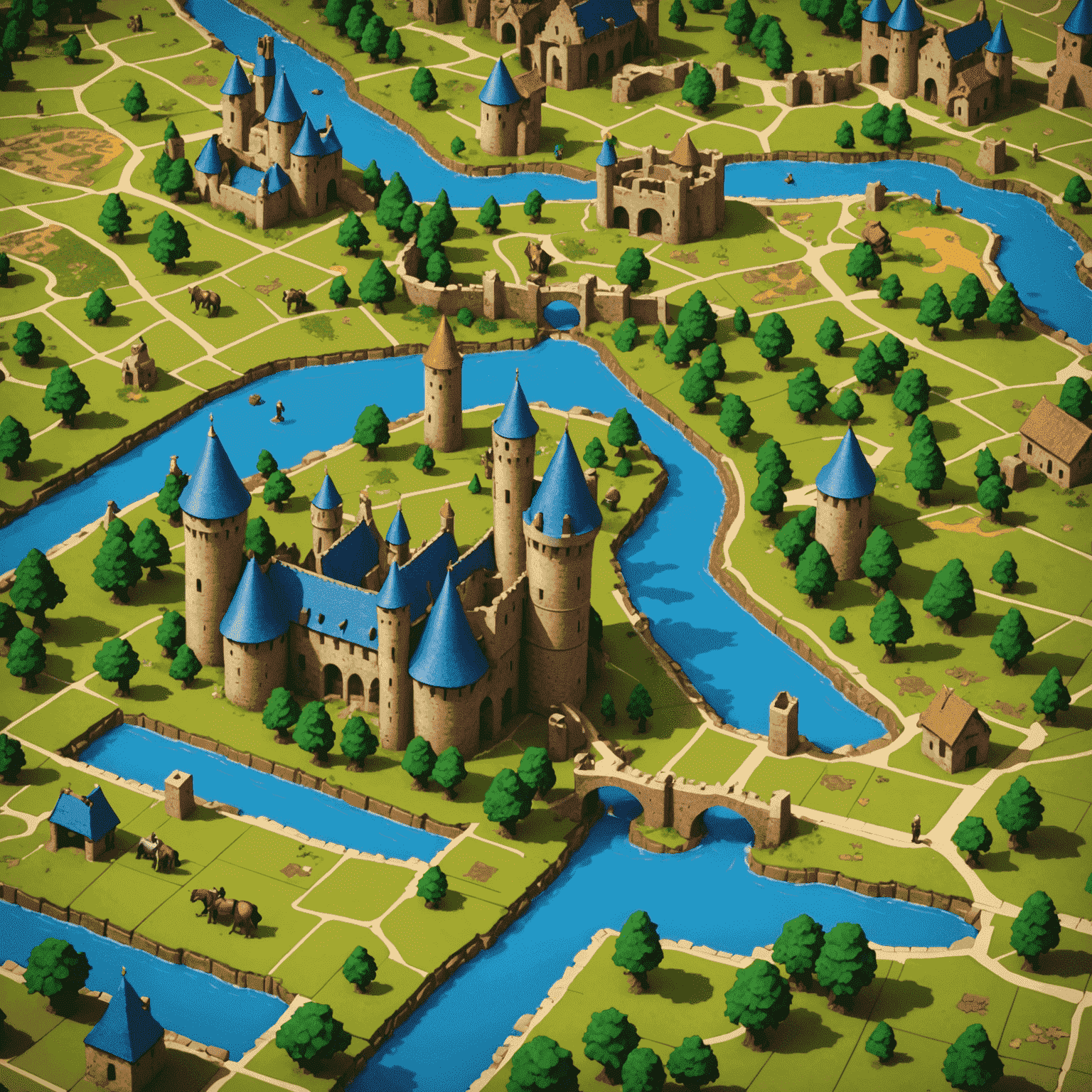 A partially completed game of Carcassonne showing the medieval landscape created by placed tiles, with meeples standing on various features