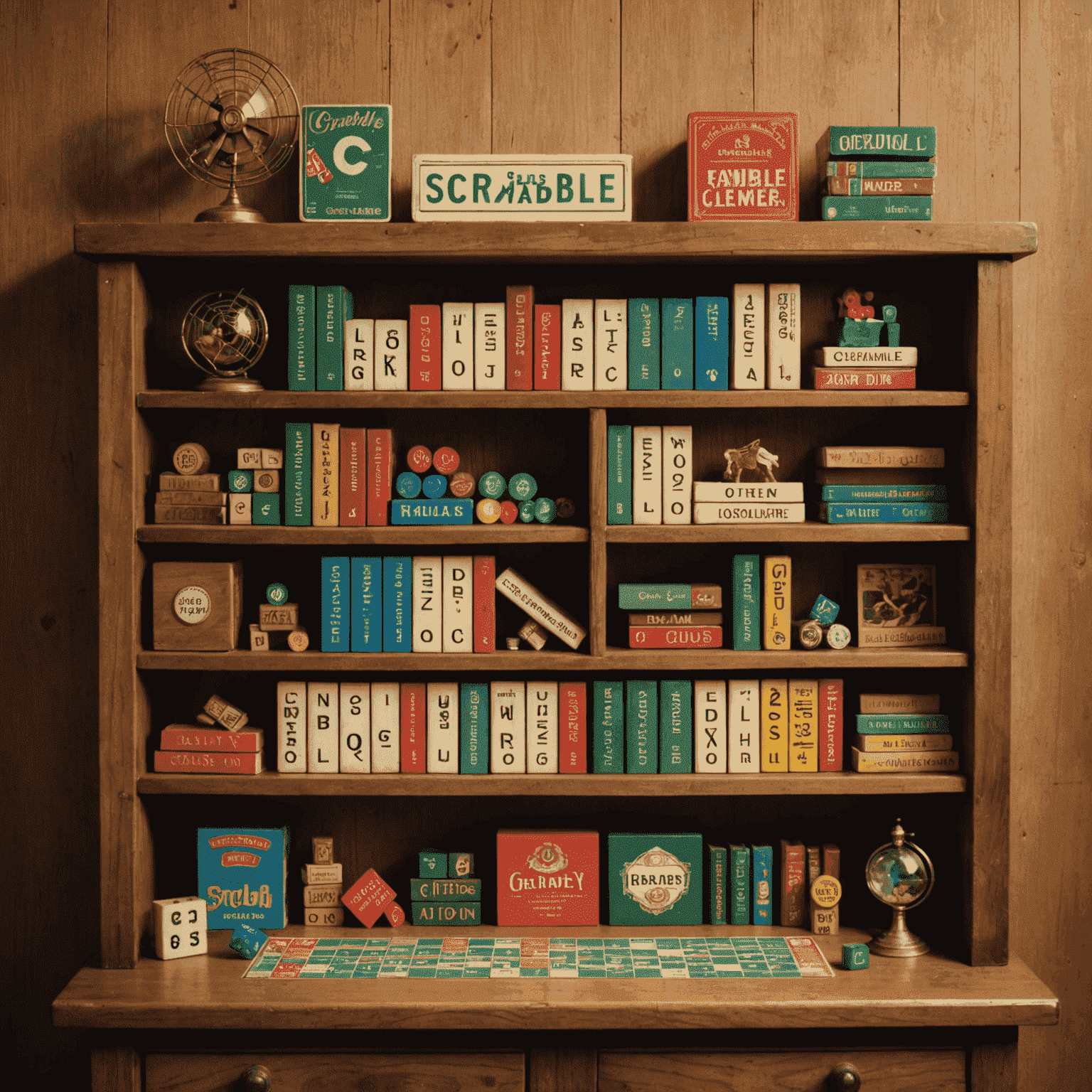 A nostalgic arrangement of classic board games including Scrabble, Clue, and Risk. The games are displayed on a vintage wooden bookshelf, with soft, warm lighting highlighting their well-worn boxes and familiar logos.