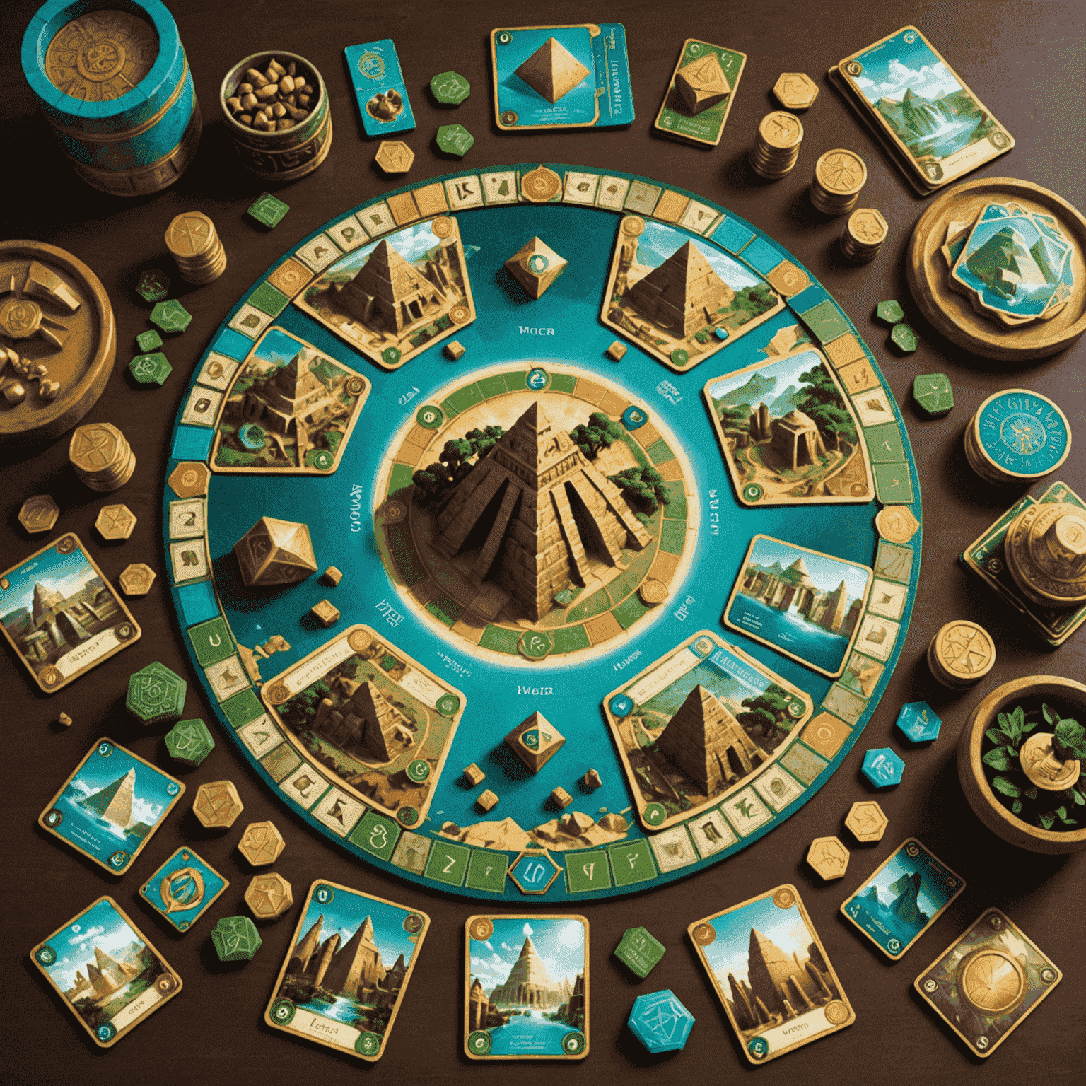 7 Wonders game components including wonder boards, cards, and tokens representing ancient civilizations