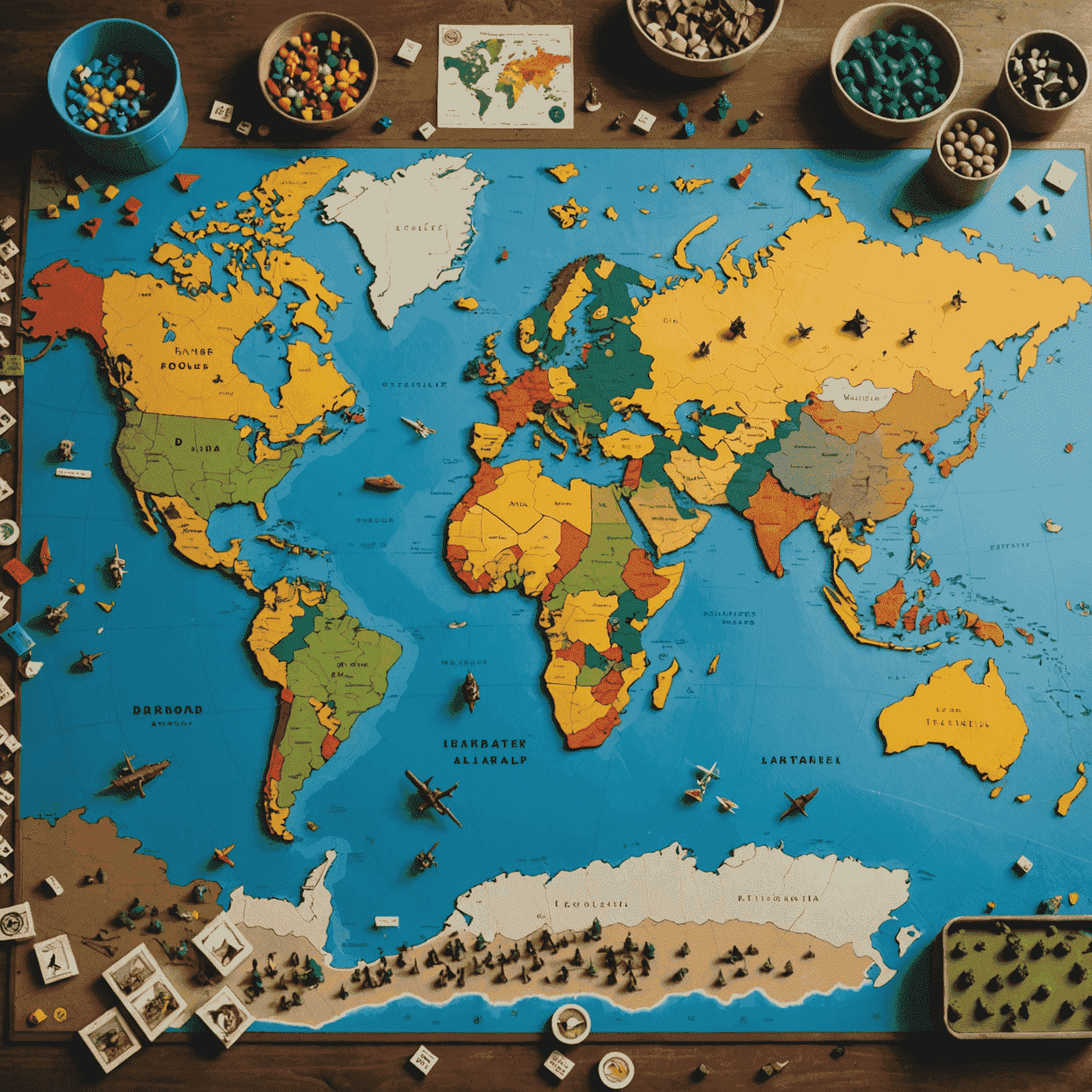 A Risk game board showing a world map with colored territories and miniature army pieces scattered across continents