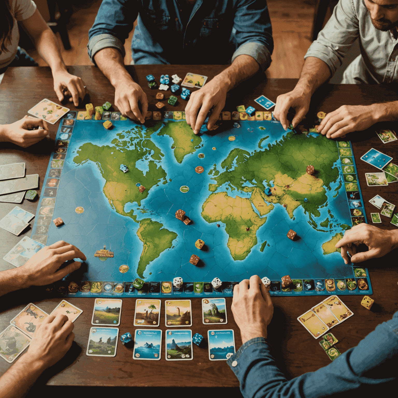 A group of friends playing a cooperative board game, such as Pandemic or Forbidden Island. The image shows players huddled together, discussing strategy and working as a team. Game pieces and cards are spread out on the table, illustrating the collaborative nature of the game.