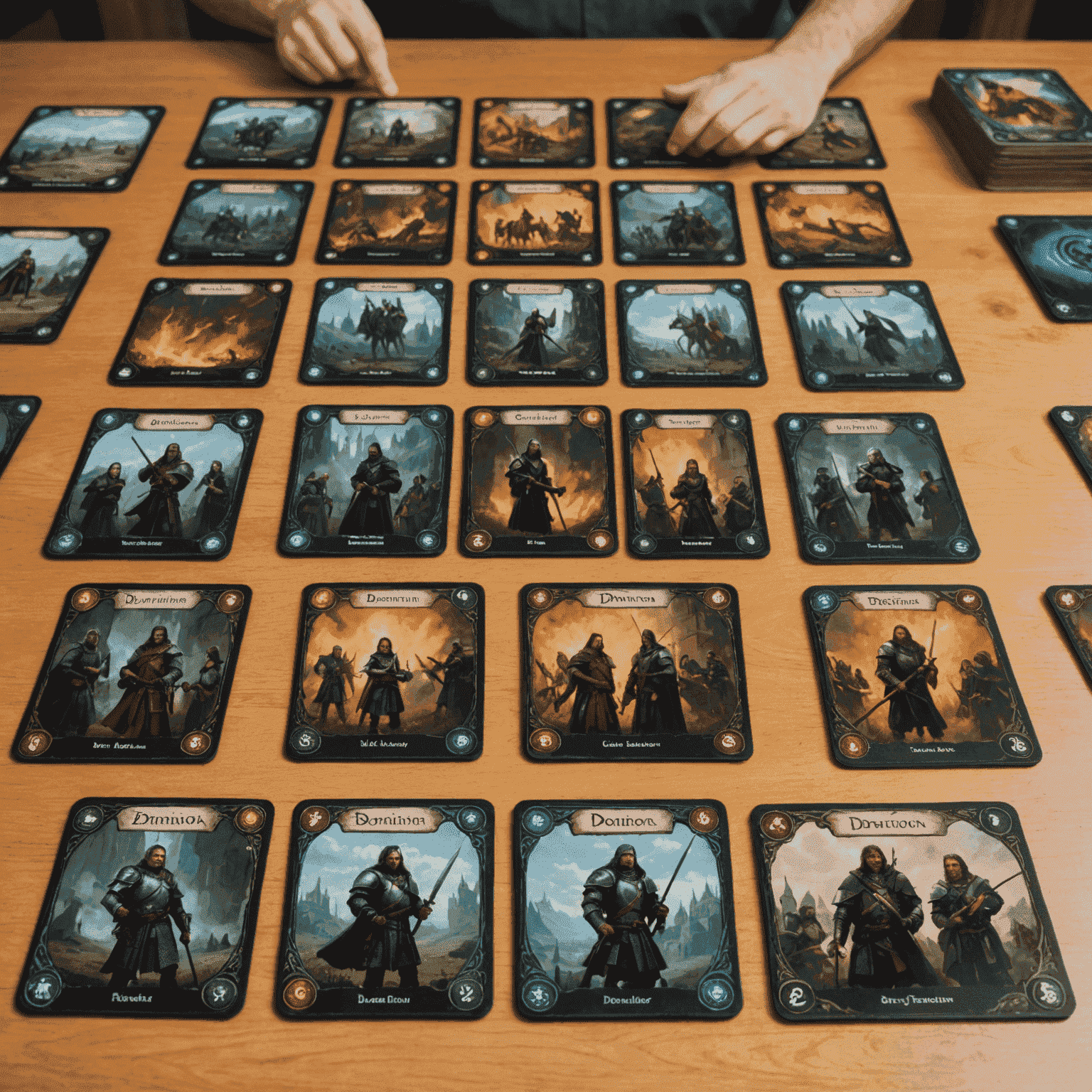 Dominion game setup with various card piles, player mats, and medieval-themed artwork