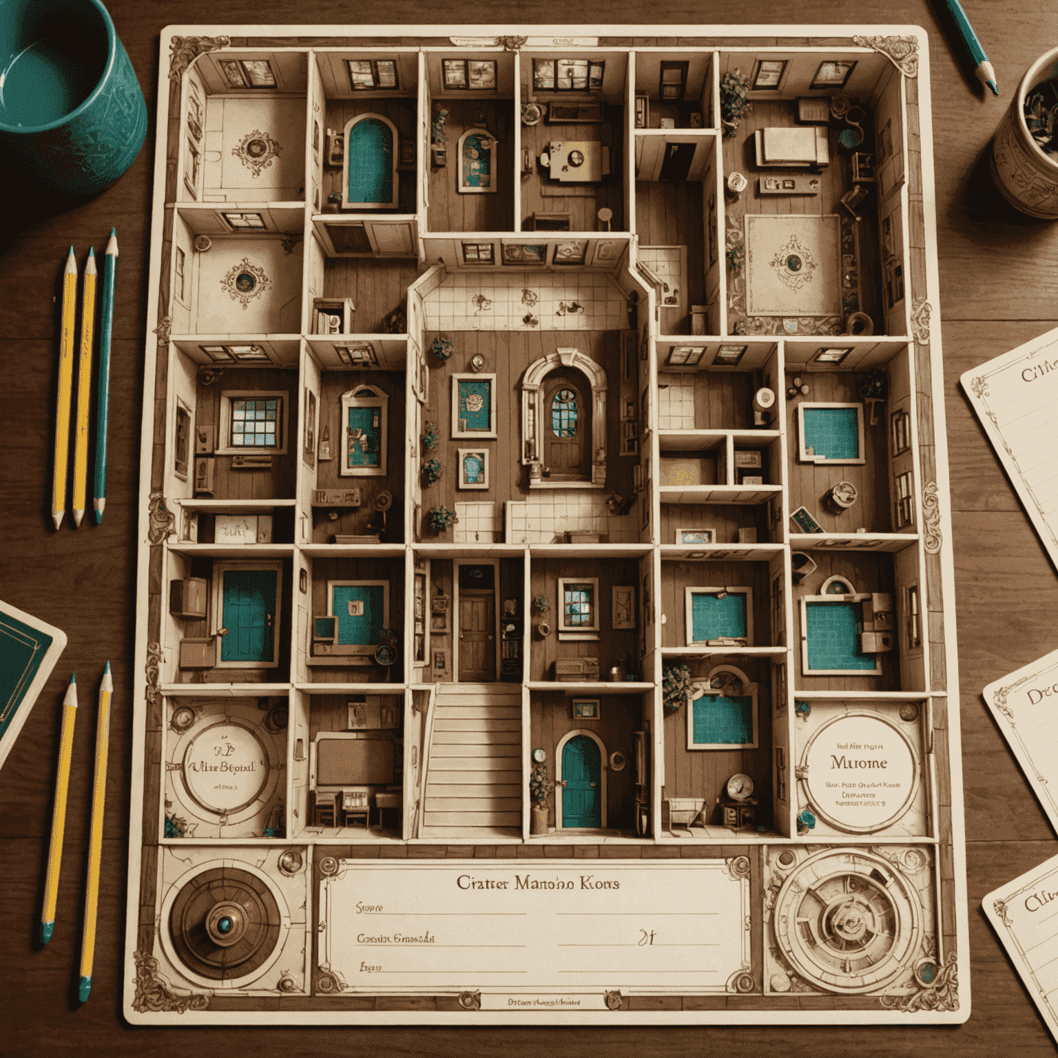 A Clue game board featuring the mansion layout, character pieces, and detective notepads with pencils