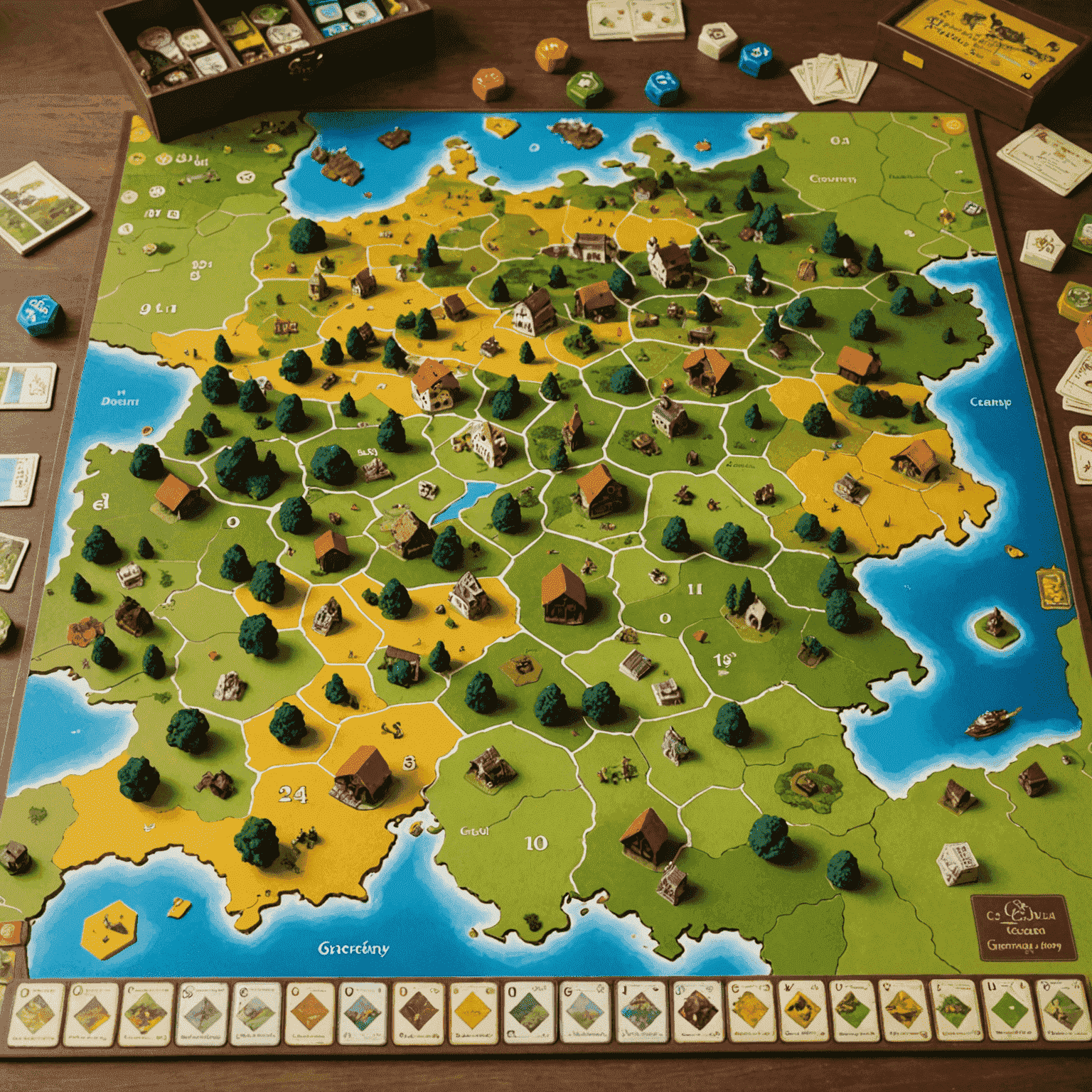 A collection of popular German-style board games, including Catan, Carcassonne, and Agricola. The image showcases the intricate game boards, detailed miniatures, and resource tokens characteristic of these games. A map of Germany in the background subtly emphasizes the origin of these games.